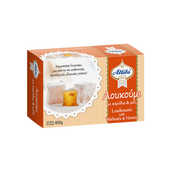 Loukoumi mit Honig & Walnüsse (400g) Attiki von Attiki bei Araxxon  - Hochwertiges griechisches Produkt.   Loukoumi mit Honig & Walnüsse (400g) Attiki από Attiki στο Araxxon  - Αυθεντικό ελληνικό προϊόν.